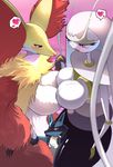  &lt;3 big_breasts blush breast_squish breasts breasts_frottage delphox eyelashes female hand_holding huge_breasts inner_ear_fluff larger_male lucario male nintendo pheromosa pok&eacute;mon pok&eacute;morph purple_eyes red_eyes shiny_pok&eacute;mon size_difference smaller_female speech_bubble sweat ultra_beast video_games ソリュウ 