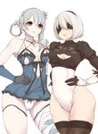  armpits ass ass_visible_through_thighs bandaged_arm bandaged_leg bandages blindfold braid breasts breasts_apart cleavage cleavage_cutout collarbone eyelashes flower gloves hair_between_eyes hair_flower hair_ornament hand_on_hip hermaphrodite highres juliet_sleeves kaine_(nier) leotard lingerie lips long_sleeves medium_breasts mole mole_under_mouth multiple_girls nier nier_(series) nier_automata no_pants pale_skin panties puffy_sleeves short_hair standing thighhighs thighs tyranu underboob underwear white_background white_hair white_panties yellow_eyes yorha_no._2_type_b 