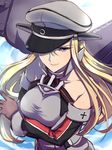  anchor bare_shoulders bismarck_(kantai_collection) blonde_hair blue_eyes breasts brown_gloves detached_sleeves gloves hat kantai_collection large_breasts long_hair machinery military military_uniform peaked_cap primary_stage smile solo twitter_username uniform 