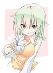  blush breast_pocket breasts cleavage collared_shirt green_eyes green_hair grin komeiji_koishi long_hair looking_at_viewer medium_breasts naughty_face pocket pregnancy_test sakakiba_misogi shirt smile solo source_request teeth touhou vest vest_pull 