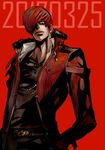  bangs belt birthday buckle chain fur_collar highres jacket jewelry looking_at_viewer male_focus necklace number one_eye_covered red_background red_eyes red_hair red_jacket solo the_king_of_fighters the_king_of_fighters_xiv wool_(2765210eds) yagami_iori 