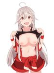  :d ahoge black_shirt blush breasts breasts_apart brown_eyes chiya_(urara_meirochou) collarbone eyebrows_visible_through_hair fang flashing grey_hair hair_between_eyes hair_flaps highres long_hair medium_breasts navel nipples no_bra open_mouth ribbon rshow shirt shirt_lift sleeveless sleeveless_shirt smile solo urara_meirochou very_long_hair 