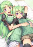  :d black_legwear blush breasts brown_gloves dress elbow_gloves elf eyebrows_visible_through_hair gloves green_dress green_hair green_shirt h_kasei hair_ribbon hands_on_another's_stomach hug large_breasts long_hair looking_at_viewer lying lying_on_person multiple_girls on_back on_bed open_mouth original pillow pointy_ears purple_eyes ribbed_dress ribbed_shirt ribbon shirt short_shorts shorts small_breasts smile spandex thighhighs turtleneck twintails 