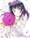  bad_id bad_pixiv_id bangs blue_hair blush bouquet breasts cleavage detached_collar detached_sleeves dress flower fur_collar holding holding_bouquet jewelry long_hair looking_at_viewer love_live! love_live!_sunshine!! medium_breasts petals purple_eyes side_bun smile solo tiara tipii tsushima_yoshiko veil white_dress 