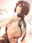  aircraft airplane bare_arms bare_shoulders breasts brown_eyes brown_hair hyuuga_(kantai_collection) kantai_collection medium_breasts meme_attire primary_stage short_hair sideboob solo twitter_username 