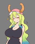  animal_humanoid big_breasts blonde_hair blush breasts cleavage clothed clothing dragon dragon_humanoid eyes_closed female grey_background hair hat horn huge_breasts humanoid lucoa miss_kobayashi&#039;s_dragon_maid quetzalcoatl scorpdk shirt simple_background smile solo tank_top 