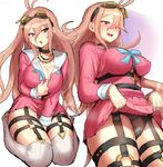  ahoge between_legs black_panties blue_bow blue_eyes bow breasts cameltoe choker cleavage danganronpa goggles goggles_on_head highres iruma_miu jewelry kneeling large_breasts long_hair long_sleeves multiple_views necklace new_danganronpa_v3 open_clothes open_mouth open_shirt panties pink_hair pink_shirt pink_skirt pleated_skirt purple_eyes sailor_collar school_uniform shirt skirt skirt_lift skirt_set suurin_(ksyaro) sweatdrop thighhighs tongue tongue_out underwear upskirt white_legwear 