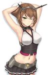  ;) armpits arms_behind_head arms_up bangs black_skirt blush breasts brown_hair cleavage closed_mouth cowboy_shot gloves green_eyes hairband headgear kantai_collection medium_breasts midriff miniskirt monoku mutsu_(kantai_collection) navel one_eye_closed pleated_skirt radio_antenna short_hair skirt smile solo stomach white_gloves 