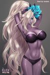  artist_name big_hair blue_eyes bra breasts dungeon_and_fighter eyeliner flower hair_flower hair_ornament hair_over_one_eye highres large_breasts long_hair looking_at_viewer makeup mouth_hold panties purple_skin ravaniz sharan_(dungeon_and_fighter) smile solo strapless strapless_bra tying_hair underwear very_long_hair white_hair 