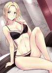  black_bra black_panties blonde_hair blue_eyes blush bra breasts cleavage closed_mouth collarbone commentary_request finger_to_mouth groin knee_up kuurunaitsu lingerie long_hair looking_at_viewer medium_breasts navel on_bed original panties sitting smile solo stomach underwear underwear_only 