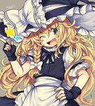  black_gloves black_ribbon blonde_hair blue_eyes blush bow eyebrows_visible_through_hair fingerless_gloves gloves hair_bow hand_on_hip hat index_finger_raised iroyopon kirisame_marisa long_hair looking_at_viewer one_eye_closed ribbon smile solo thick_eyebrows touhou white_bow witch witch_hat 