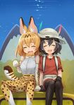 :3 :d ^_^ animal_ears backpack bag bare_shoulders black_gloves black_hair black_legwear blonde_hair blush breasts closed_eyes commentary elbow_gloves gloves hair_between_eyes hat helmet holding_hands kaban_(kemono_friends) kemono_friends medium_breasts multiple_girls open_mouth pantyhose paw_pose pith_helmet print_gloves print_legwear print_neckwear red_shirt serval_(kemono_friends) serval_ears serval_print serval_tail shirt short_hair shorts sitting sleeveless smile tail tearing_up thighhighs white_hat zhen_lu |d 