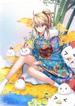  alternate_costume bamboo bird blonde_hair blue_eyes blue_kimono chicken fur_trim furisode highres iowa_(kantai_collection) japanese_clothes kantai_collection kimono long_hair looking_at_viewer mizonaki ponytail smile socks 