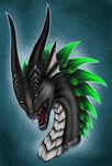  ambiguous_gender black_scales blue_background dragon feral headshot horn open_mouth scales selianth simple_background solo spines teeth tongue 