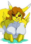  2017 alpha_channel anthro big_breasts black_sclera breast_squish breasts brown_hair canine digimon dipstick_tail english_text female fox fur hair huge_breasts licking licking_lips long_hair looking_at_viewer mammal multicolored_tail nude red_eyes renamon signature smile solo teeth text tongue tongue_out wet white_fur yawg yellow_fur 