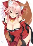  absurdres animal_ears bare_shoulders bell bell_collar black_legwear blush bow breast_hold breasts cleavage collar fate/grand_order fate_(series) fox_ears fox_tail hair_bow highres large_breasts long_hair looking_at_viewer nebusoku open_mouth paws pink_hair short_hair signature simple_background solo tail tamamo_(fate)_(all) tamamo_cat_(fate) thighhighs yellow_eyes 