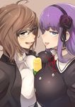  bad_id bad_twitter_id between_breasts breast_press breasts commentary_request dagashi_kashi flower glasses hair_flower hair_ornament large_breasts looking_at_viewer multiple_girls naughty_face nuezou owari_hajime purple_eyes purple_hair sexually_suggestive shidare_hotaru smile symmetrical_docking 