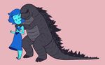  alien blue_hair blue_skin cartoon_network claws clothing cute dinosaur dress duo eyes_closed fangs female gem_(species) godzilla godzilla_(series) grey_skin hair humanoid kaiju khuzang lapis_lazuli_(steven_universe) long_tail love male male/female monster reptile romantic_couple scalie short_hair shoulder_massage skirt spines steven_universe 