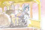 animal_ears bow commentary_request common_raccoon_(kemono_friends) driving fennec_(kemono_friends) fox_ears fox_tail kemono_friends lovezawa multiple_girls open_mouth raccoon_ears raccoon_tail serval_(kemono_friends) short_sleeves skirt tail thighhighs 