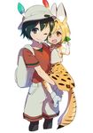  animal_ears animal_print bag bow bowtie commentary hat hat_feather helmet highres kaban_(kemono_friends) kemono_friends multiple_girls omucchan_(omutyuan) one_eye_closed pantyhose paper_airplane pith_helmet serval_(kemono_friends) serval_ears serval_print serval_tail shorts tail younger 