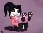  anthro anus black_eyes black_hair blizzard_entertainment clitoris clothing cub doublepopsicle female full_body hair half-closed_eyes hi_res jacket li_li_stormstout mammal pandaren pants pants_pull pawpads paws ponytail presenting pussy pussy_juice simple_background sitting solo text ursine video_games warcraft young 