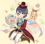  1girl alfonse_(fire_emblem) animal animal_ears bird blonde_hair blue_hair brother_and_sister bunny_ears chibi dress easter easter_egg egg feh_(fire_emblem_heroes) fire_emblem fire_emblem_heroes hair_ornament hat owl sharena siblings smile yataba 