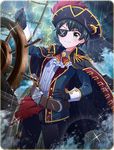  battle_girl_high_school belt cape eyepatch gloves green_eyes green_hair hat lighting official_art pirate_costume pirate_hat short_hair solo steering_wheel storm wakaba_subaru 