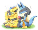  2018 anthro azuma_minatsu canine duo feline fur japanese_text lucario mammal nintendo open_mouth pok&eacute;mon pok&eacute;mon_(species) red_eyes simple_background tears text video_games yellow_fur zeraora 