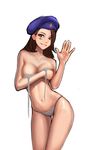  alternate_costume ana_(overwatch) beret bikini bra breast_hold breasts brown_eyes brown_hair collarbone contrapposto cowboy_shot facial_mark facial_tattoo grey_bikini hat highres jungon_kim long_hair looking_at_viewer medium_breasts navel overwatch parted_lips shiny shiny_skin simple_background sketch smile solo standing swimsuit tattoo thigh_gap underwear undressing untied untied_bikini waving white_background younger 