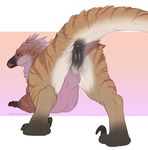  2017 anus butt claws dinosaur feathers female feral flagging looking_at_viewer looking_back nude pink_lighting presenting presenting_hindquarters pussy qwertydragon raised_tail raptor simple_background solo theropod tongue 