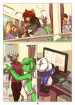  5_fingers anthro bovine brown_hair cattle clothed clothing comic detailed_background ear_piercing female green_hair hair lizard mammal piercing plushie red_hair reptile scalie smile standing zummeng 
