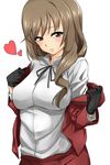  black_gloves black_neckwear black_ribbon brown_eyes brown_hair girls_und_panzer gloves hair_over_shoulder heart jacket light_smile long_hair long_sleeves looking_at_viewer mature neck_ribbon open_clothes open_jacket parted_lips red_jacket red_skirt ribbon shimada_chiyo shirt simple_background sketch skirt solo standing umeta_shirisuke undressing upper_body white_background white_shirt 