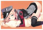  absurdres all_fours anchor_hair_ornament aqua_eyes ass black_legwear black_ribbon black_skirt blonde_hair blush body_pillow breast_press breasts closed_mouth gintarou_(kurousagi108) gloves gradient_hair grey_hat hair_ornament hat highres iron_cross kantai_collection long_sleeves looking_at_viewer low_twintails medium_breasts microskirt military military_hat military_uniform multicolored_hair orange_background peaked_cap pillow pillow_hug pink_hair prinz_eugen_(kantai_collection) ribbon shiny shiny_skin simple_background skirt smile solo thighhighs top-down_bottom-up twintails uniform white_gloves 