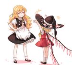  2girls :d ^_^ alternate_headwear alternate_wing_color apron arm_at_side arms_up bangs black_footwear black_hat black_skirt black_vest blonde_hair blush borrowed_garments bow braid cheering closed_eyes feet_together flandre_scarlet grin hair_bow hand_on_hip happy hat hat_removed hat_ribbon headwear_removed headwear_switch highres kirisame_marisa kneepits legs_apart legs_together long_hair mary_janes multiple_girls no_hat no_headwear open_mouth petals red_skirt red_vest ribbon shan shoes short_sleeves side_braid simple_background single_braid skirt skirt_set smile socks teeth touhou turtleneck very_long_hair vest waist_apron wavy_hair white_apron white_background white_bow white_legwear wings witch_hat 