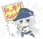  anchor_symbol april_fools bangs black_legwear blue_eyes blue_hat blue_skirt brown_footwear chestnut_mouth chibi eyebrows_visible_through_hair flat_cap hair_between_eyes hat hibiki_(kantai_collection) hizuki_yayoi holding holding_sign kantai_collection long_hair long_sleeves neckerchief placard pleated_skirt pose red_neckwear school_uniform serafuku shirt sign silver_hair simple_background skirt solo thighhighs translation_request very_long_hair white_background white_shirt 