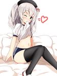  aikawa_ryou bad_anatomy bad_hands bed_sheet beret black_legwear blush buruma gym_uniform hat heart highres kantai_collection kashima_(kantai_collection) long_hair mouth_hold short_sleeves silver_eyes silver_hair simple_background solo thighhighs two_side_up white_background younger 