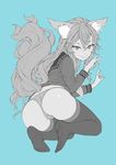  &gt;:) animal_ears ass fox_ears fox_shadow_puppet fox_tail from_behind hair_between_eyes long_hair looking_back monochrome musashimaru no_pants original panties school_uniform serafuku smile solo spot_color string_panties tail thighhighs underwear v-shaped_eyebrows 