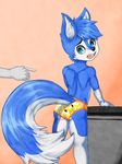  anthro blue_eyes blue_fur briefs canine clothing cub fur littlerager looking_back male mammal nintendo open_mouth pikachu pok&eacute;mon simple_background solo standing underwear video_games white_fur winterwolfy wolf young 