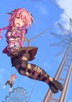  :d absurdres amusement_park arms_behind_back artist_name astolfo_(fate) bangs bdsm belly_peek belt between_breasts black_legwear black_skirt blue_sky blush bondage boots bound bound_arms bound_legs braid breast_bondage breasts closed_eyes cloud crotch_rope crying d; day fang fate/apocrypha fate/grand_order fate_(series) ferris_wheel from_below fujimaru_ritsuka_(female) full_body genderswap genderswap_(mtf) half-closed_eye happy highres jacket legs_together long_hair medium_breasts midair miniskirt multicolored_hair multiple_girls no_shoes nose_blush one_eye_closed open_clothes open_jacket open_mouth orange_hair outdoors pantyhose pink_eyes pink_hair pink_jacket pleated_skirt restrained saliva shibari shibari_over_clothes shirt side_ponytail single_braid skirt sky smile solo_focus striped striped_shirt suspension swing tears tokinohimitsu two-tone_hair white_hair 