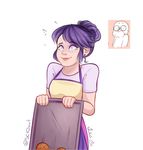 alternate_hair_color alternate_hairstyle apron baking_sheet constricted_pupils cookie earrings food hair_bun highres jewelry lips marinette_dupain-cheng miraculous_ladybug motion_lines nervous signature smile solo stud_earrings sweat sweet-childhood-dreams 