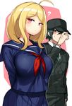  1girl ? adjusting_clothes adjusting_hat ahoge akamatsu_kaede alternate_costume arms_behind_back baseball_cap black_hair black_hat black_jacket black_pants blonde_hair blue_shirt blue_skirt blush breasts buttons danganronpa hair_ornament hairclip hat jacket large_breasts long_hair long_sleeves looking_at_breasts neckerchief necktie new_danganronpa_v3 pants pink_eyes pleated_skirt saihara_shuuichi sailor_collar school_uniform shirt short_hair skirt suurin_(ksyaro) sweatdrop 