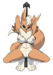  2017 alpha_channel alternate_color anthro areola armpits big_breasts black_sclera blue_eyes breasts brown_fur camo canine crouching digimon english_text fan_character female fox fur gun hair huge_breasts mammal nipples nude pink_nipples pussy raised_arm ranged_weapon renamon rifle signature simple_background sniper_rifle solo symbol text transparent_background tuft weapon white_fur white_hair yawg 