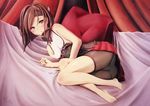  artist_name barefoot bed_sheet bike_shorts blush breasts brown_eyes brown_hair curtains dated hair_between_eyes hairband headgear highres kantai_collection looking_at_viewer lying on_side parted_lips pillow sakurame_kurame signature small_breasts solo taihou_(kantai_collection) thighs 