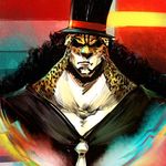  &gt;:( animal_ears animal_nose black_hair collarbone curly_hair dolvadeen facial_hair formal frown furry hat leopard_ears lips long_hair male_focus necktie one_piece rob_lucci shaded_face solo suit top_hat upper_body v-shaped_eyebrows 