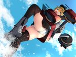  ass black_skirt blonde_hair blue_eyes blush boots cannon cloud cloudy_sky day eyebrows_visible_through_hair feet_out_of_frame hat highres kantai_collection long_hair looking_at_viewer looking_back low_twintails military military_uniform oekakizuki open_mouth panties pleated_skirt prinz_eugen_(kantai_collection) skirt skirt_lift sky solo tied_hair twintails underwear uniform water weapon white_panties 