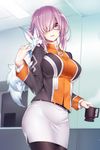  alternate_costume belt belt_buckle breasts buckle commentary_request cowboy_shot cup fate/grand_order fate_(series) fou_(fate/grand_order) glasses hair_over_one_eye holding holding_cup jacket kodama_yuu large_breasts long_sleeves mash_kyrielight medium_hair older pantyhose pencil_skirt purple_eyes purple_hair short_hair skirt white_skirt 