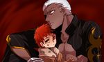  coat dark_skin dark_skinned_male emiya_alter emiya_shirou fate/grand_order fate/stay_night fate_(series) male_focus mijinko_(83nabe) multiple_boys red_hair white_hair yellow_eyes 