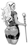  ass cropped_legs dark_elf dark_skin elf elf-san_wa_yaserarenai. from_behind hairband highres huge_ass kuroeda-san long_hair looking_at_viewer looking_back mole mole_under_eye monochrome parted_lips pointy_ears shiny shiny_skin simple_background skindentation solo staff synecdoche thick_thighs thighs white_background 