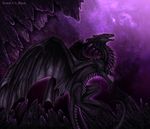  ambiguous_gender black_scales claws detailed_background detailed_scales dragon feral membranous_wings open_mouth purple_eyes purple_theme scales selianth smile solo teeth wings 