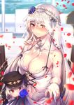  bangs bare_shoulders blush breasts bridal_veil bride cleavage commentary_request dress elbow_gloves finger_to_mouth girls_frontline gloves hat highres index_finger_raised iron_cross kar98k_(girls_frontline) large_breasts long_hair looking_at_viewer multiple_girls navel peaked_cap petals red_eyes shennai_misha silver_hair smile veil very_long_hair wedding_dress white_dress white_gloves 